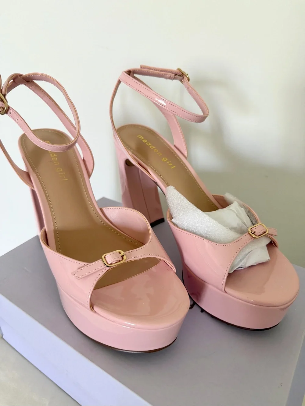Madden Girl Patent Platform Ankle-Strap Heels - Light Pink